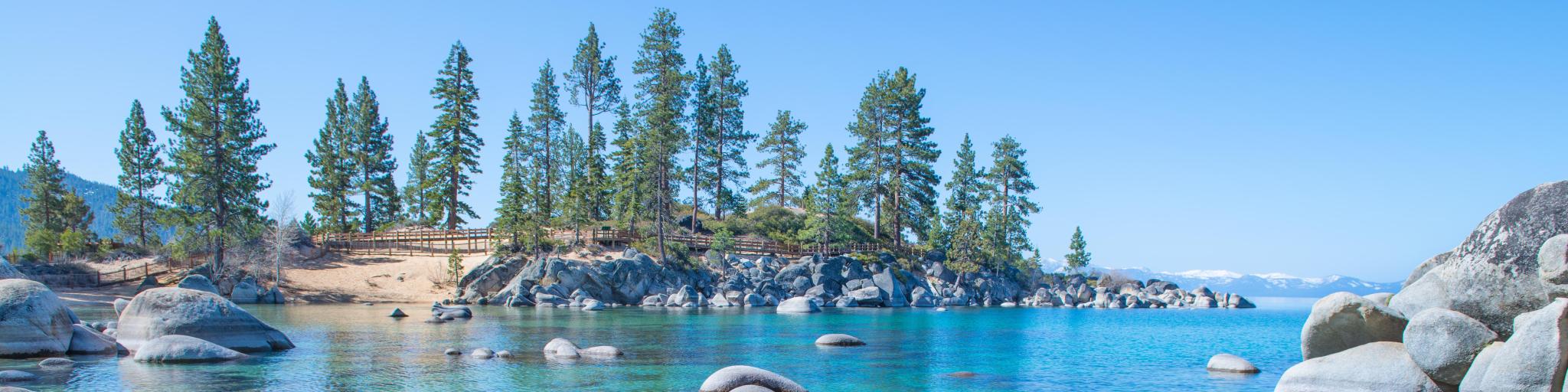 Beautiful blue clear water on the shore of Lake Tahoe,