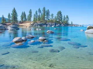 Beautiful blue clear water on the shore of Lake Tahoe,