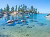Beautiful blue clear water on the shore of Lake Tahoe,
