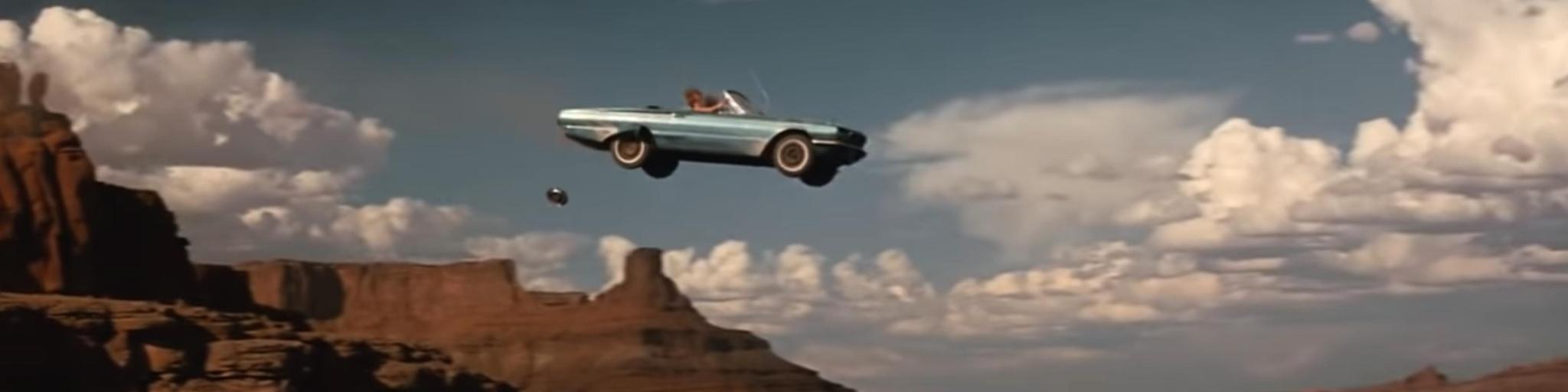 The car drives off the canyon cliff in the final scene of Thelma & Louise