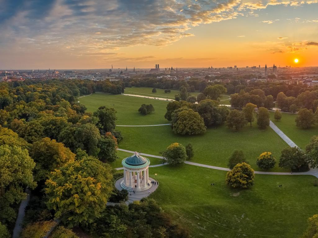 Aerial view at the early sunrise in the Englischer Garden of Munich, such a beautiful place in Bavaria, germany.