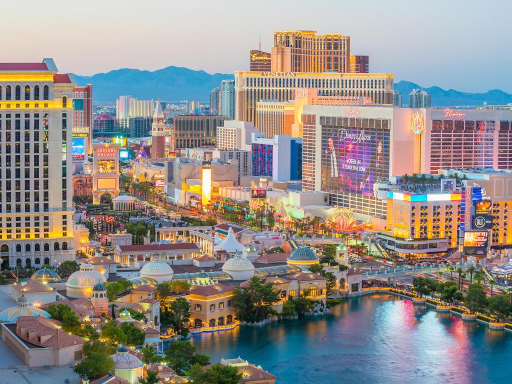 Las Vegas, Nevada, USA with a view of the Main street of Las Vegas (the Strip) in evening time. 