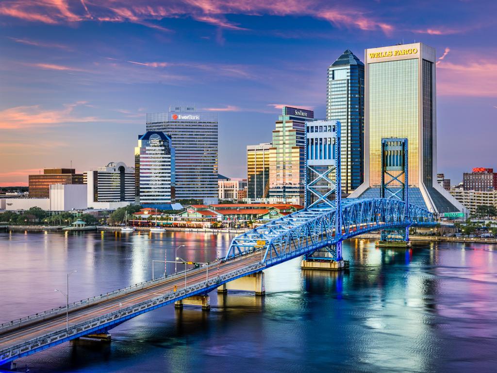Jacksonville, Florida, USA with a view of downtown Jacksonville skyline viewed over St. Johns River. The city is the largest in the state by population.