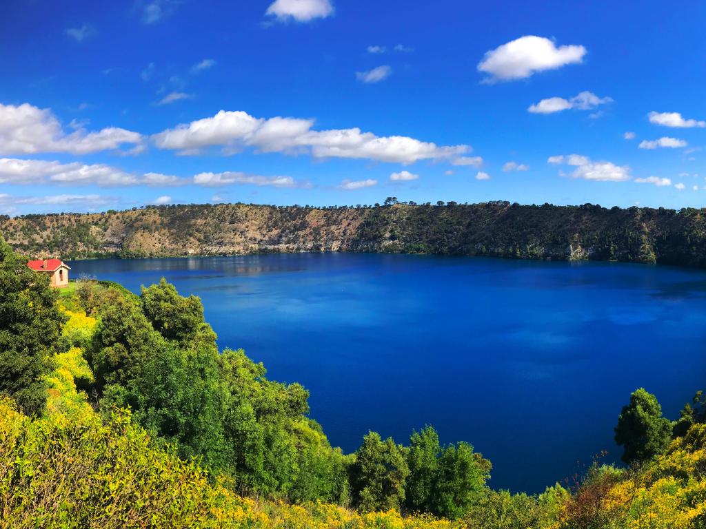 Mount Gambier, South Australia  with a panorama view of Blue Lake, a volcanic crater on a sunny day.