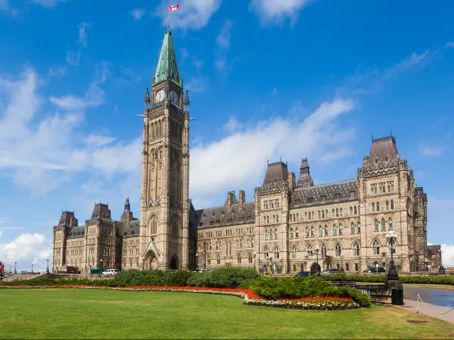 Canadian Parliament building and the Peace Tower on Parliament Hill in Ottawa, Canada.