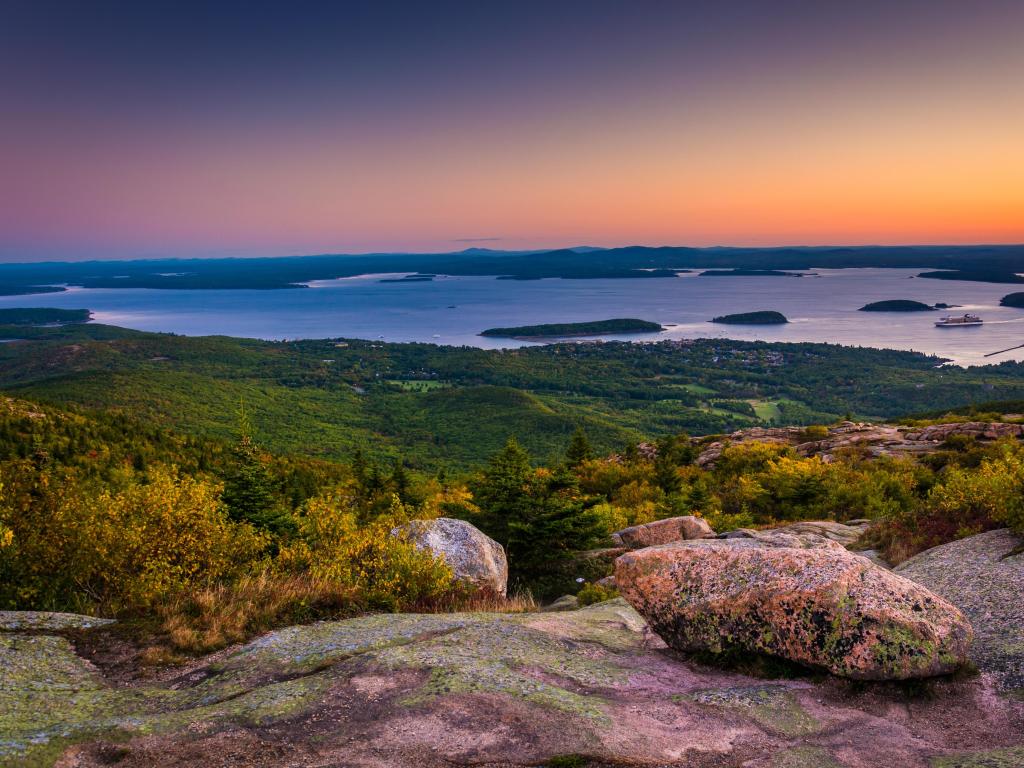 Acadia National Park, Maine, USA taken at sunrise view from Caddilac Mountain and water in the background.