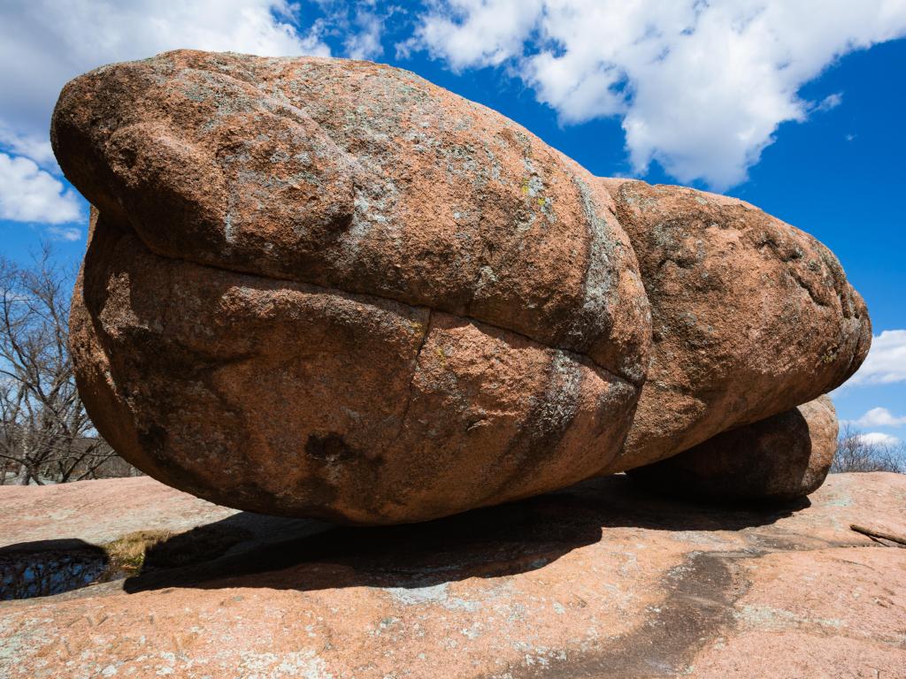 Round and big rock formations at Elephant Rocks State Park in Missouri on a sunny day