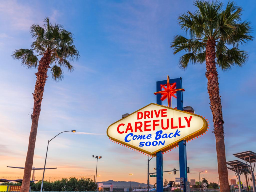 Las Vegas, Nevada, USA at the back of the Welcome to Las Vegas Sign reminding you to drive carefully and come back soon.