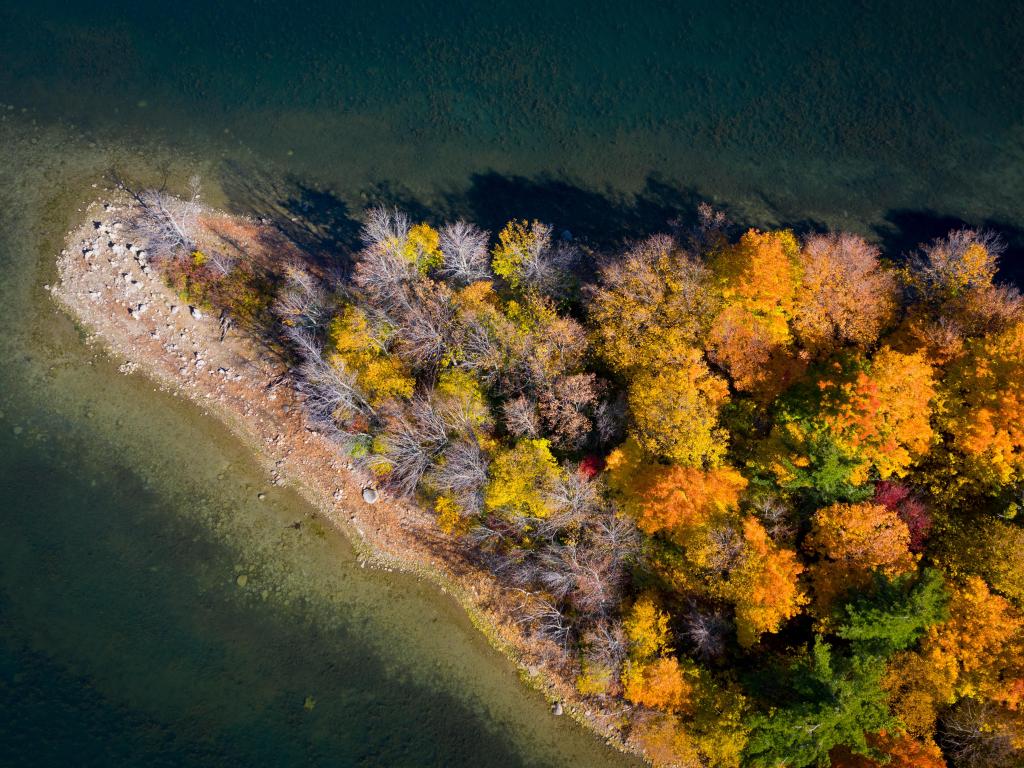St. Lawrence Park, Thousand Islands, Canada taken during fall as an aerial view of the island. 