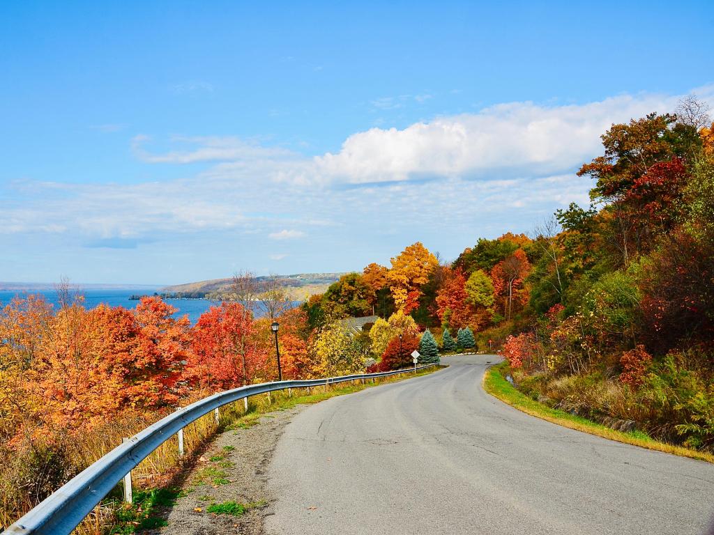 Scenic driving alongside autumnal lakeshore scenery overlooking Cayuga Lake, New York