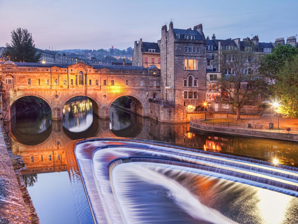 Bath, Somerset, England with Pulteney Bridge and weir Bath England at twilight.