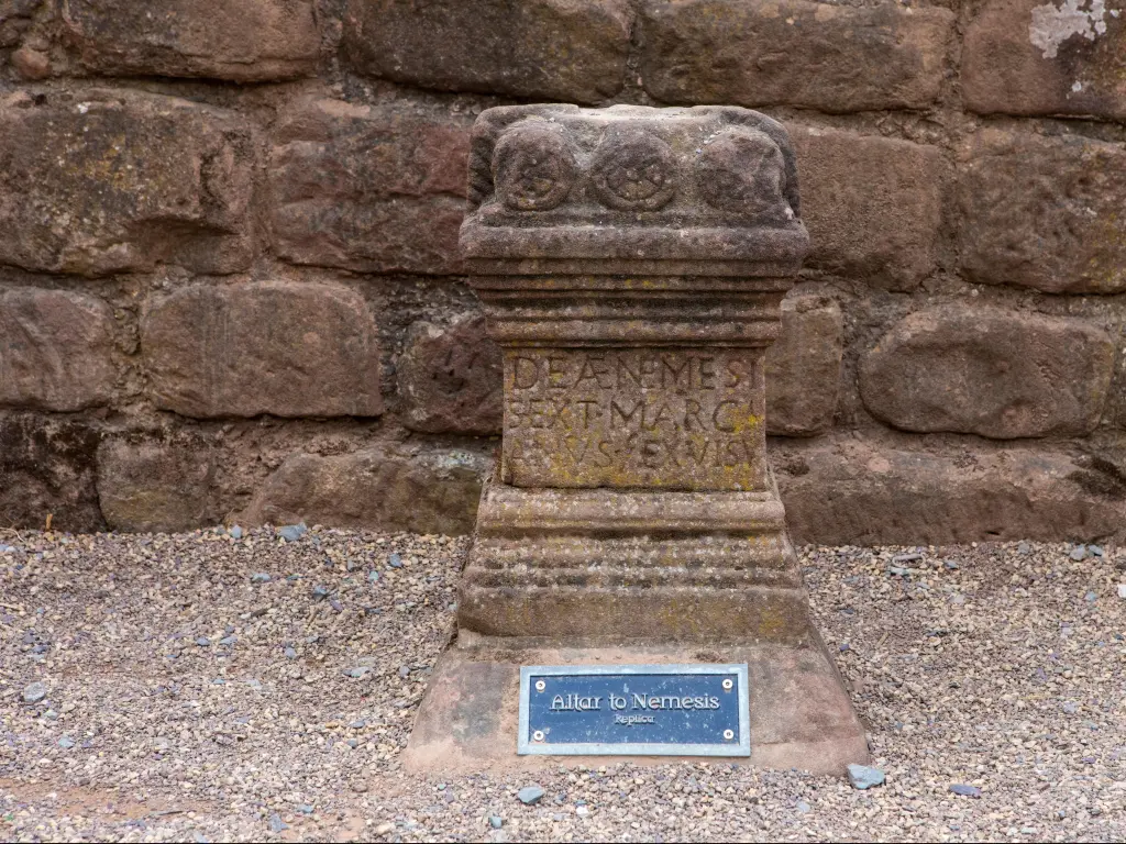 The Altar to Nemesis at the Roman Amphitheatre in the historic city of Chester, UK.