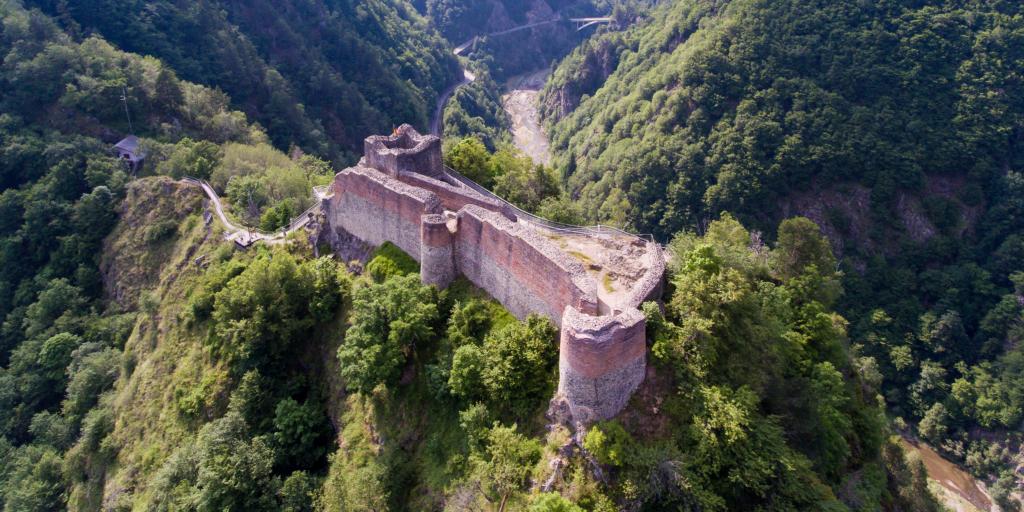 The Poienari Castle ruins on the Transfagarasan Road surrounded by lush green trees 