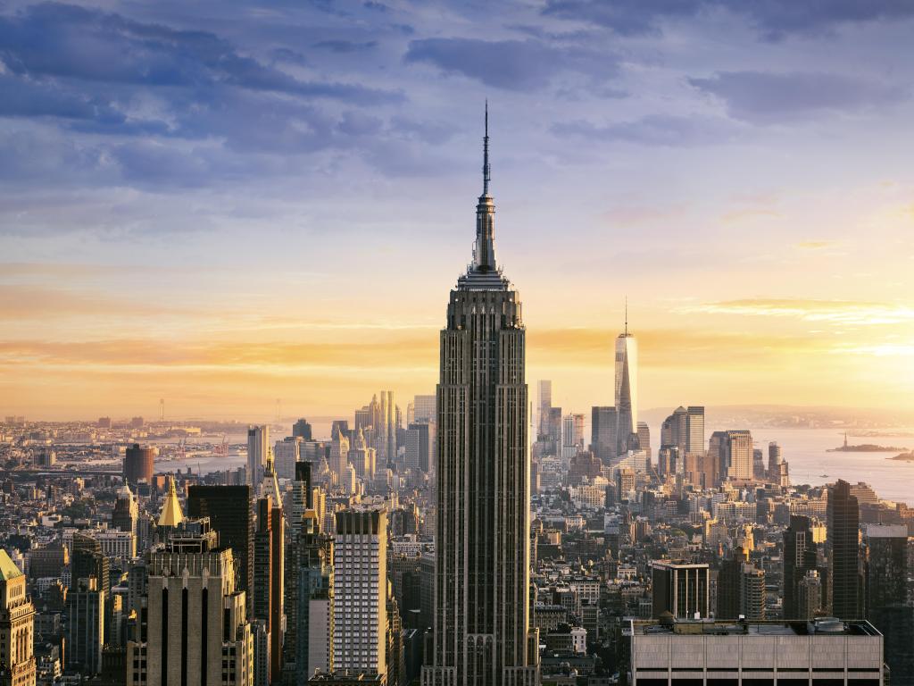 Empire State Building, New York, USA closeup taken at sunset.