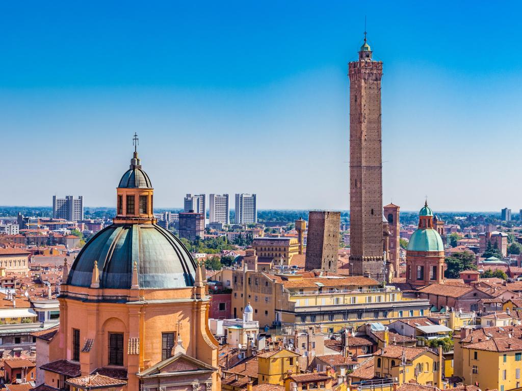 Panoramic view of rooftops and buildings in Bologna, Italy
