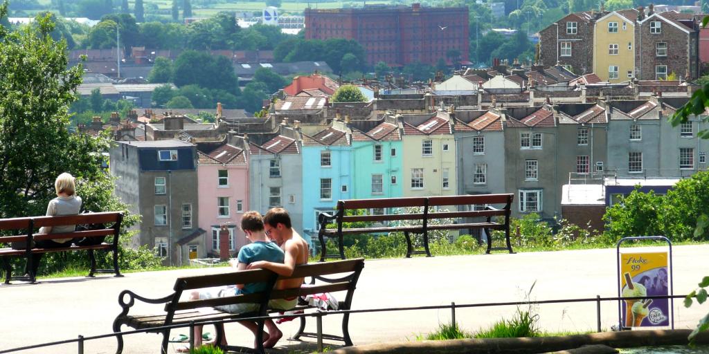 View of colourful houses from Brandon Hill Park, Bristol  