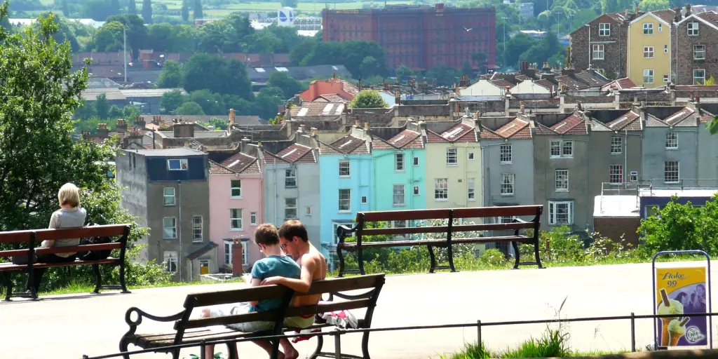 View of colourful houses from Brandon Hill Park, Bristol  