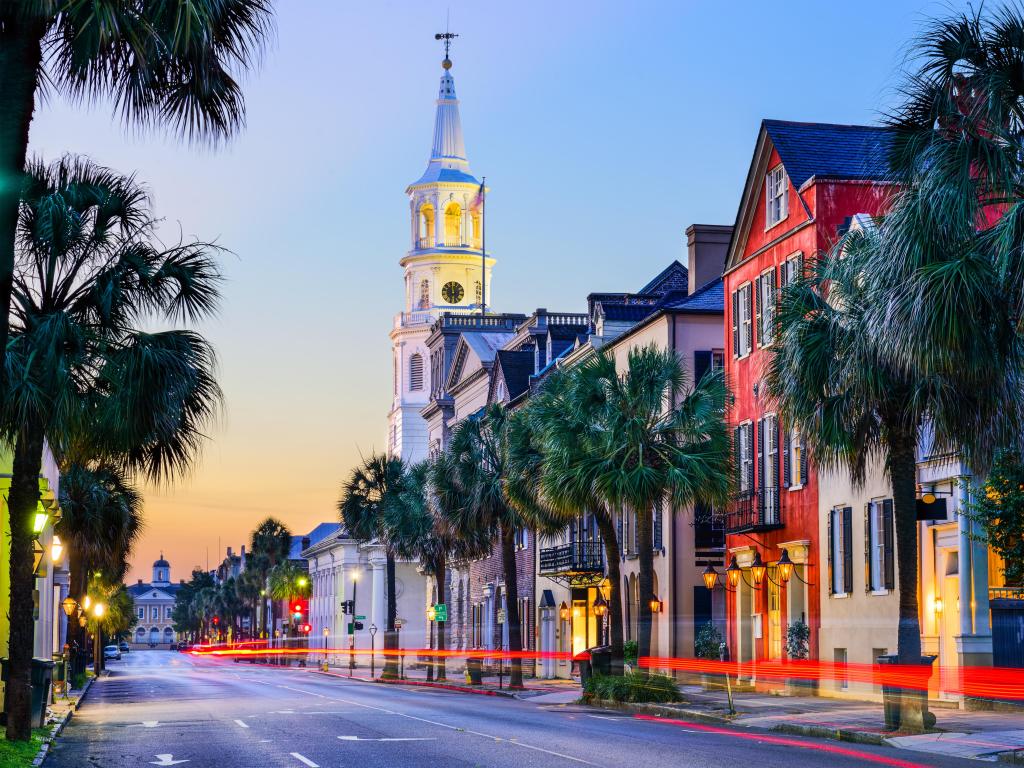 Charleston, South Carolina, USA cityscape in the historic French Quarter at twilight.