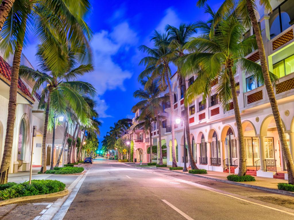 Palm-lined Worth Avenue in Palm Beach, Florida at night