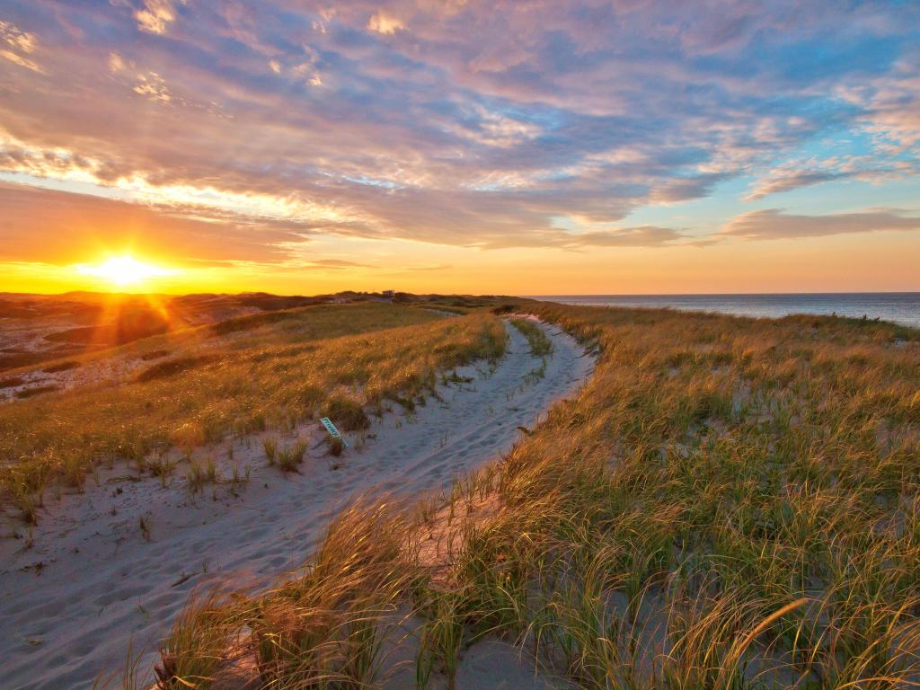 Cape Cod National Seashore, MA, USA with a view of a dune path at sunset along the Cape Cod National Seashore.