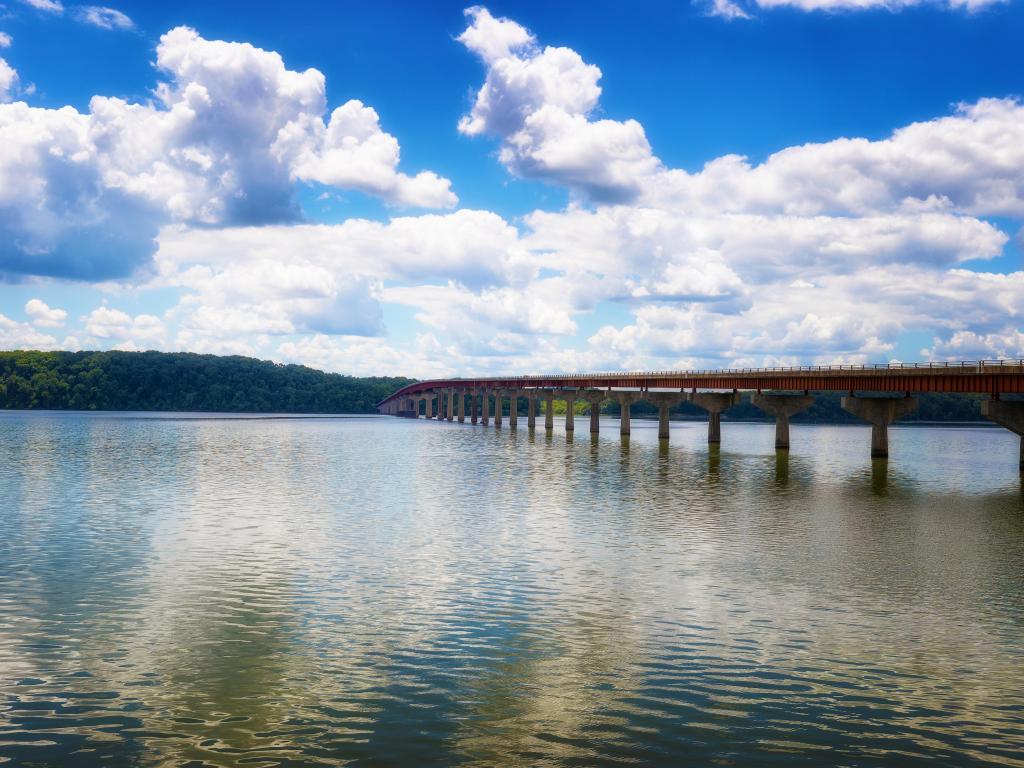 The Tennessee River along the Natchez Trace parkway in Tennessee on a cloudy day