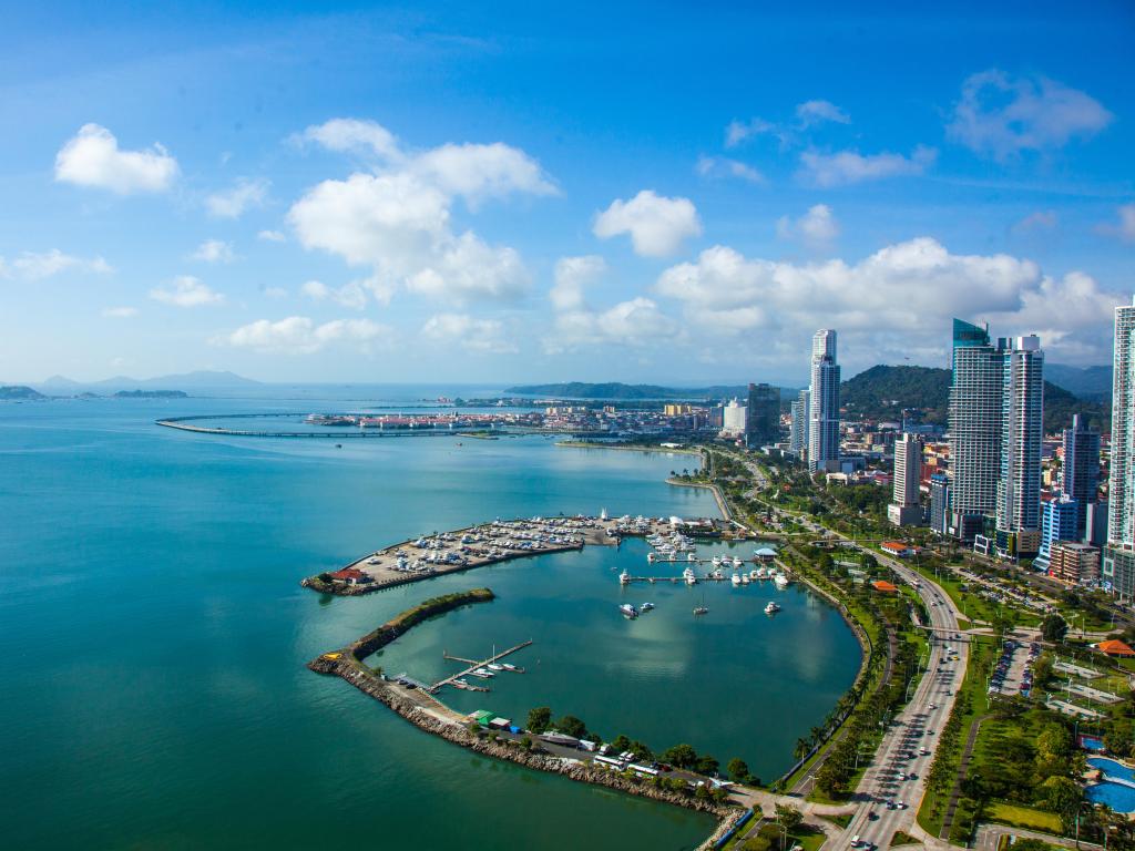 Panama City, USA Aerial View from Panama City with a view of Casco Viejo and Panama Canal on a sunny day.