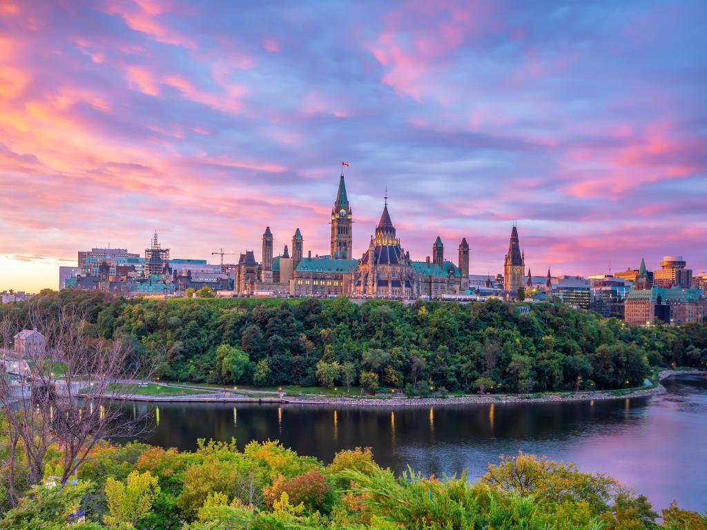 Parliament Hill in Ottawa, Ontario, Canada at sunset.