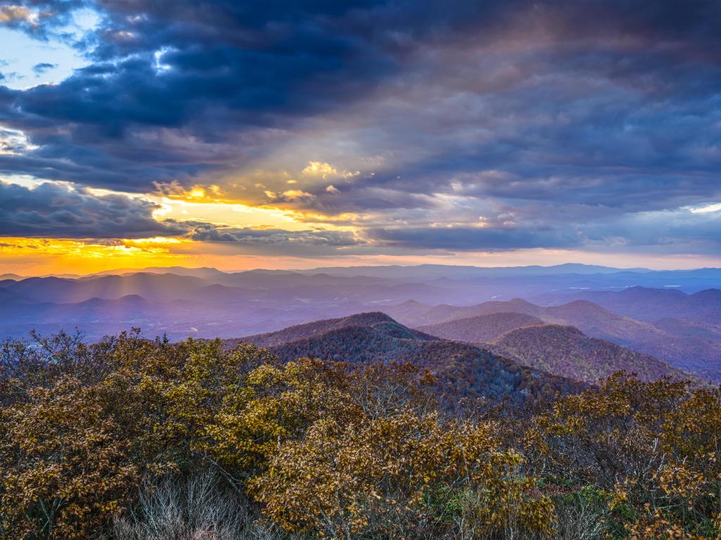 Chattahoochee-Oconee National Forest in the autumn season at sunset.