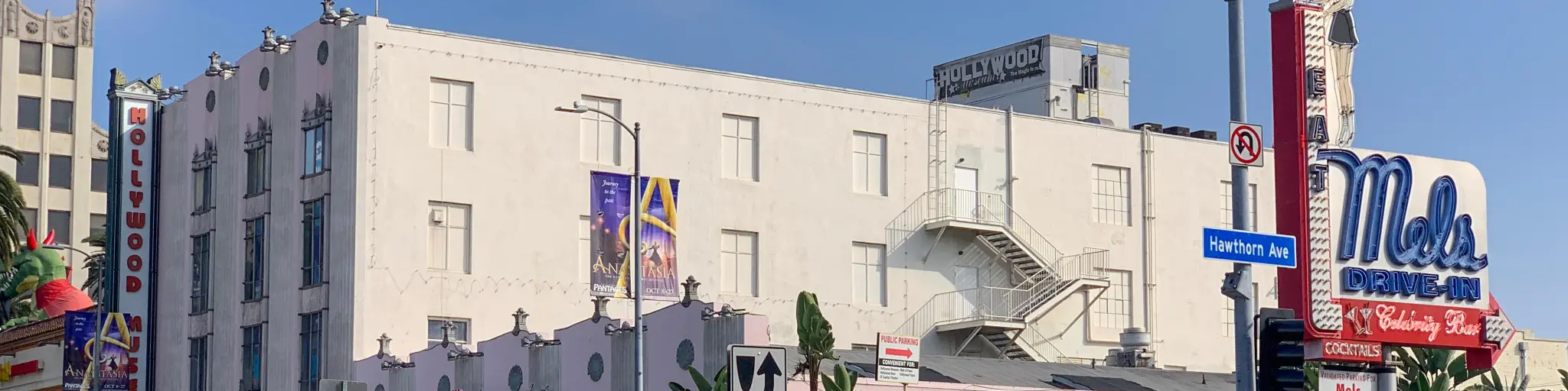 Exterior of the Hollywood Museum with cars and pedestrians on a sunny day