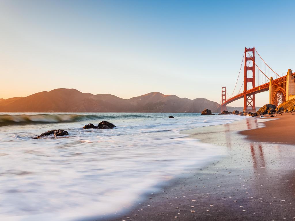 San Francisco, California, USA with a view of the Golden Gate Bridge photographed during the late afternoon from Marshall's Beach. 