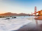 San Francisco, California, USA with a view of the Golden Gate Bridge photographed during the late afternoon from Marshall's Beach. 