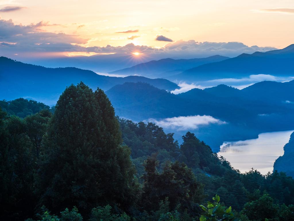 Great Smoky Mountains National Park, USA taken at sunrise with trees in the foreground and fog in the distance. 