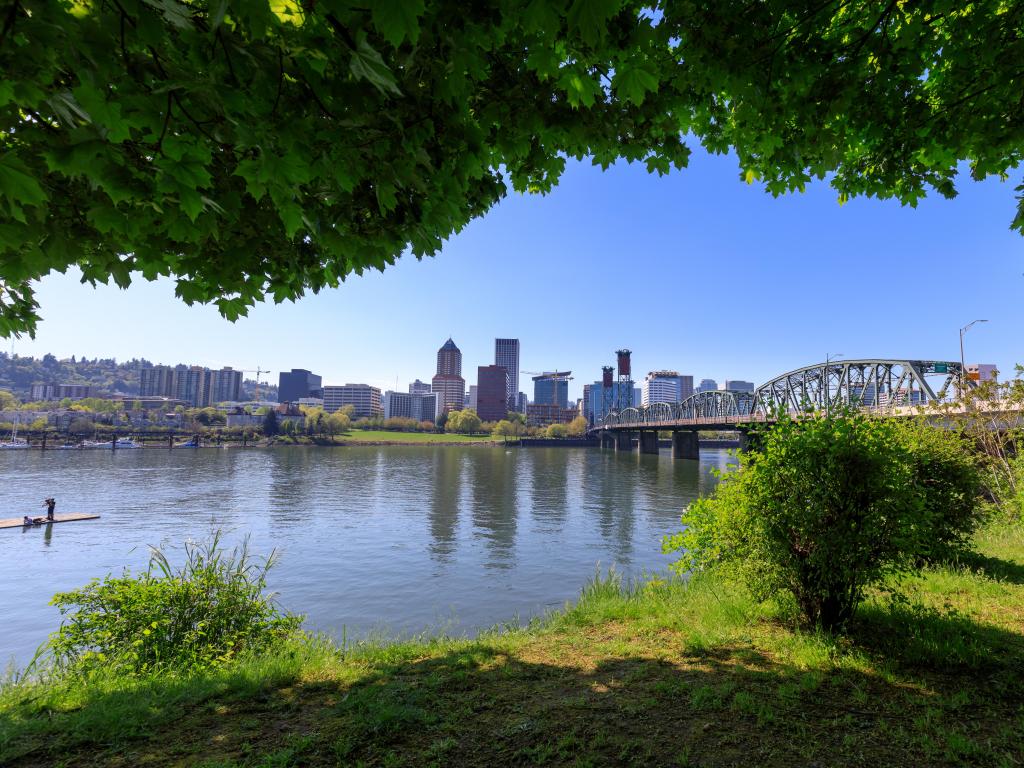 Portland, Oregon with grass and trees overhanging in the foreground, the Hawthorne Bridge crossing Willamette River with the cityscape and skyline in the distance on a sunny day.