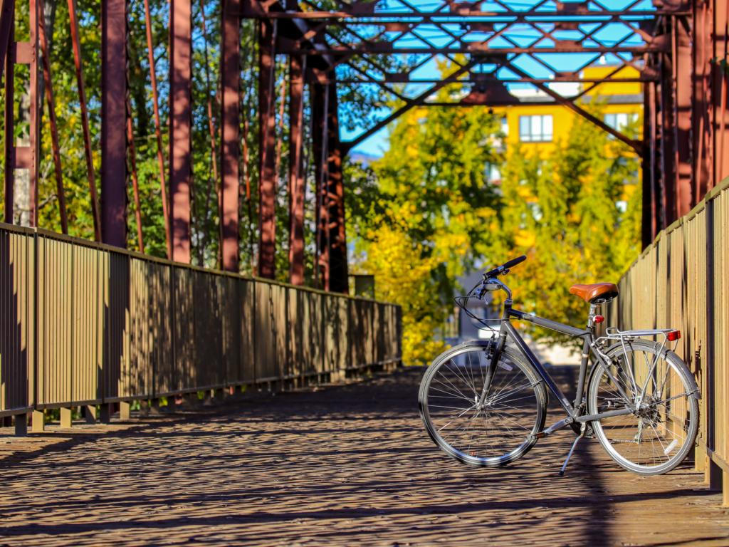 A bicycle stands on a bridge on the Boise Greenbelt in Idaho