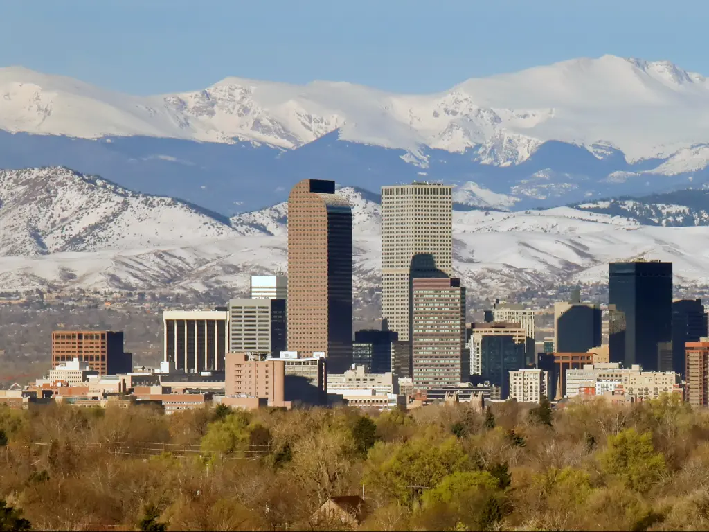 View of Denver, Colorado with a mountain backdrop