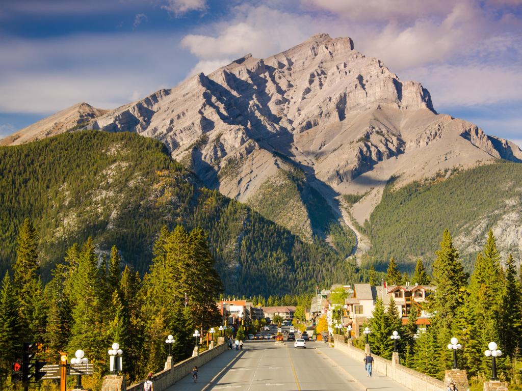 The beautiful town of Banff, Alberta, with mountain views and lush surroundings
