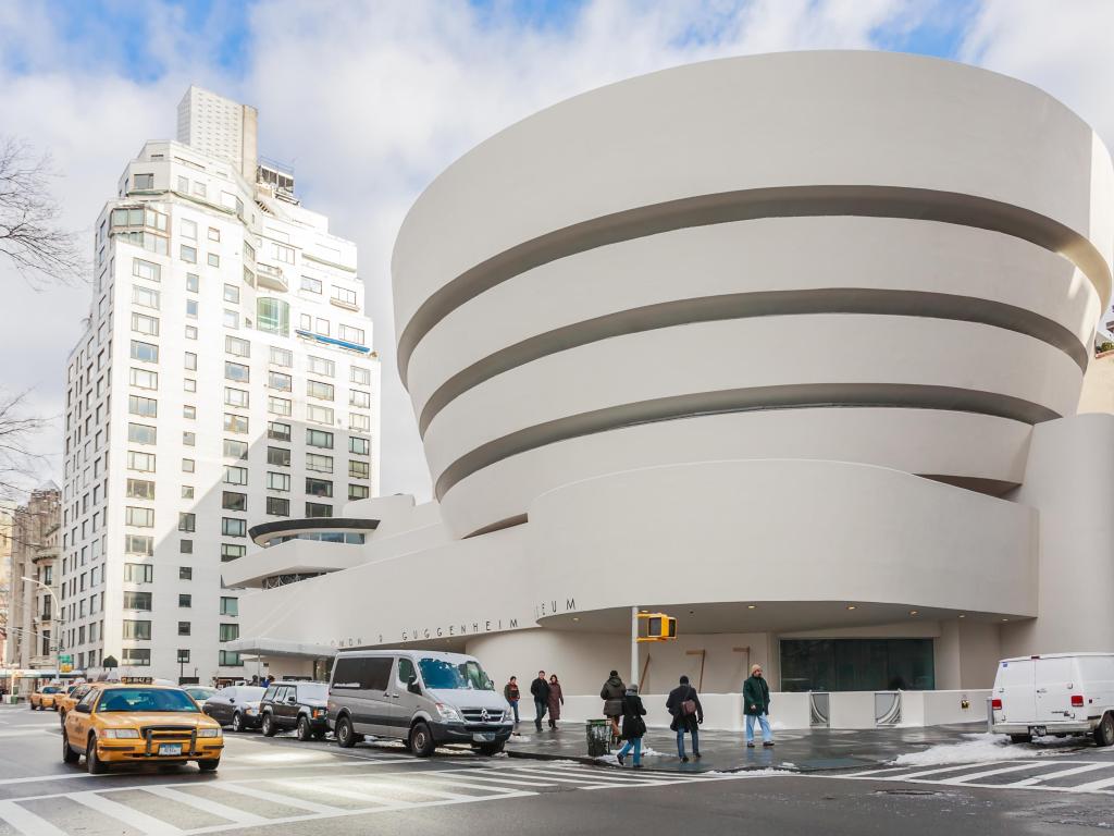 Dramatic front entrance of Solomon R. Guggenheim Museum of modern and contemporary art
