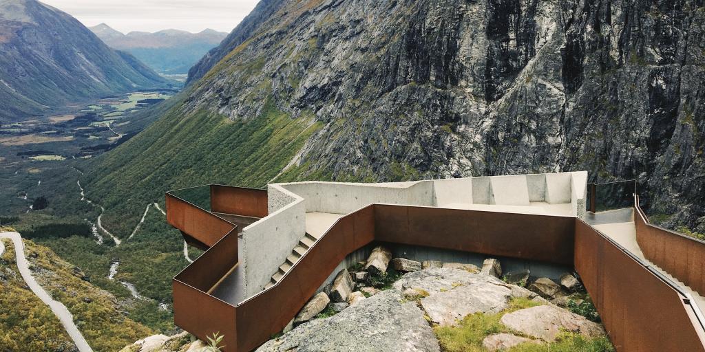 A viewing platform looks over the valleys and winding roads of Trollstigen in west Norway
