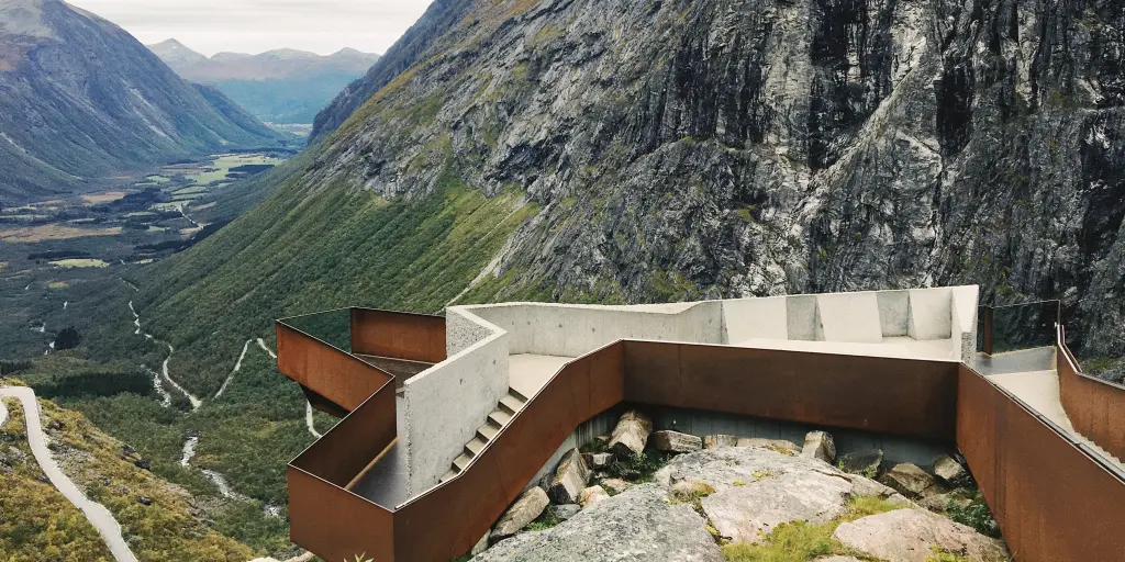 A viewing platform looks over the valleys and winding roads of Trollstigen in west Norway