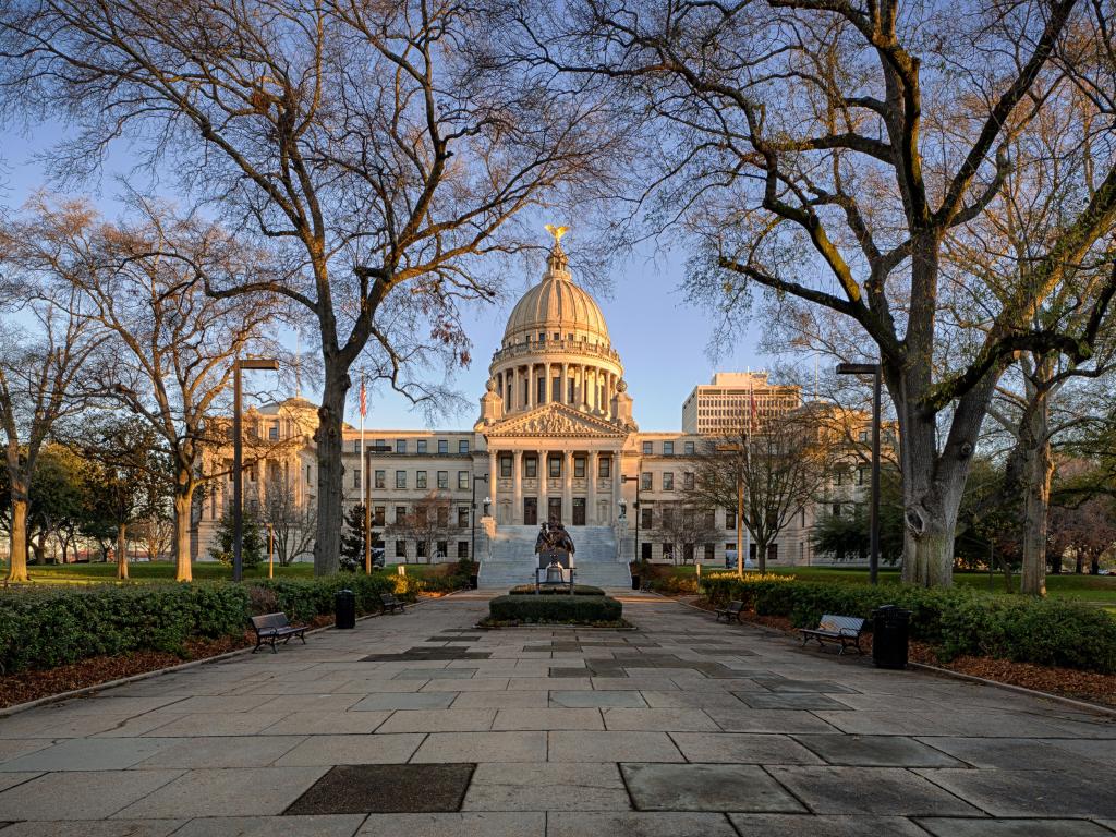 The grand State Capitol building in Jackson, Mississippi shown on a winter's day with blue sky