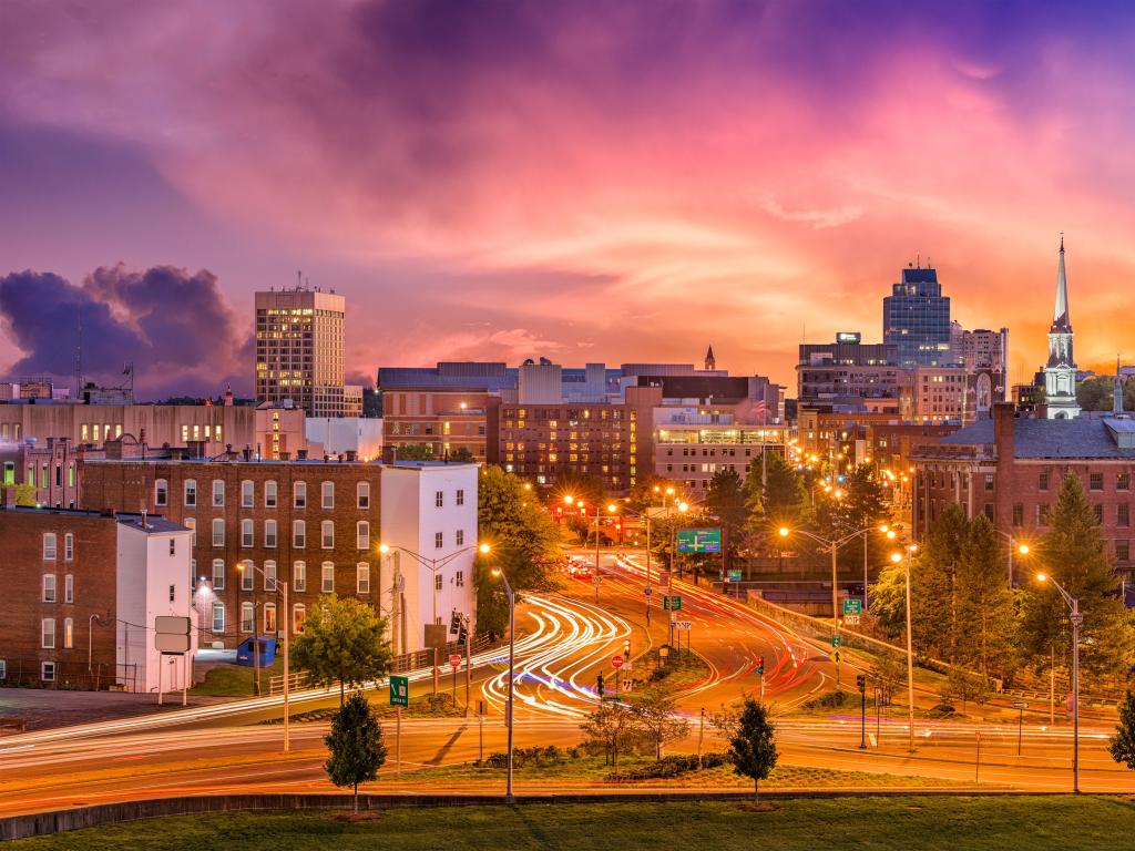 Worcester, Massachusetts, USA downtown skyline taken at night with a stunning sky.