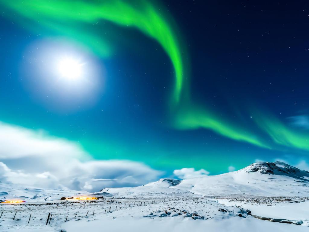 Northern lights sky in Alaska winter night landscape. Aurora borealis Alaska