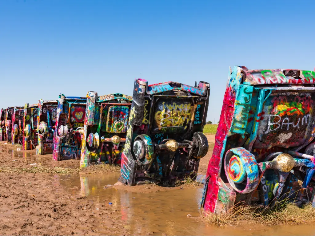 Amarillo, Texas, USA with a view of the old Cadillac cars buried at the famous Cadillac Ranch Ranch along historic Route 66 near Amarillo, TX on October 12, 2017