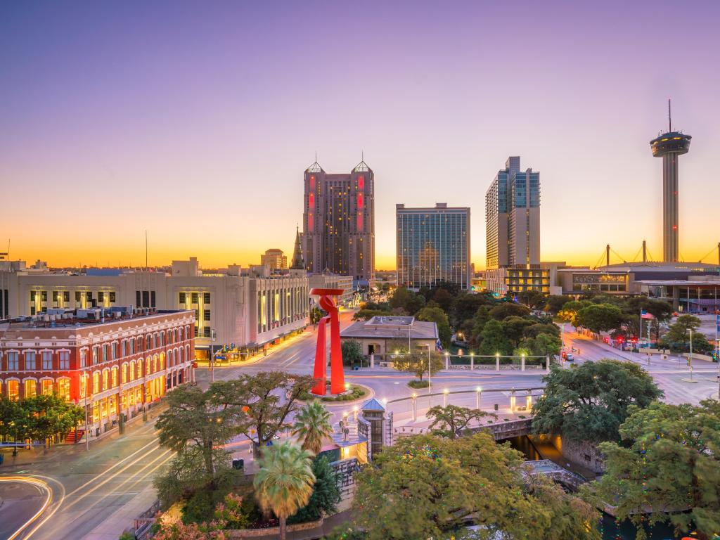 Top view of downtown San Antonio, Texas, USA at early evening.