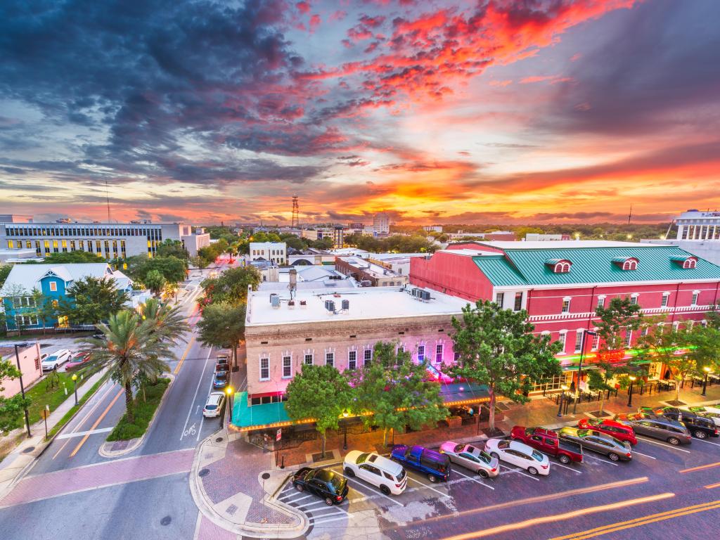 Downtown cityscape at dusk in Gainesville, Florida