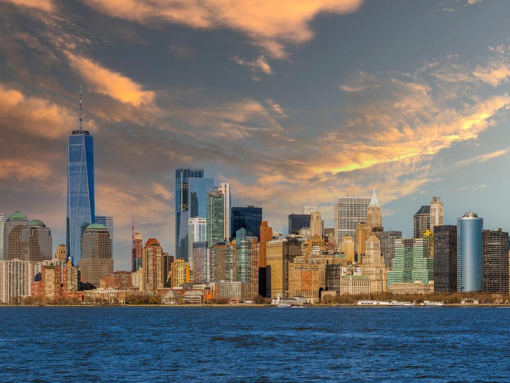 Hudson River, New York, USA taken as a view of the skyscrapers in Manhattan from the Hudson River in the afternoon light.