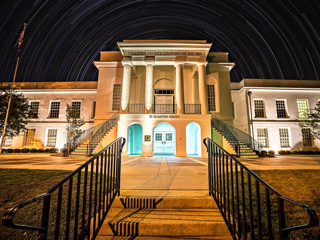 town of Walterboro South carolina USA - Twon of walterboro courthouse at night with star trails in the background