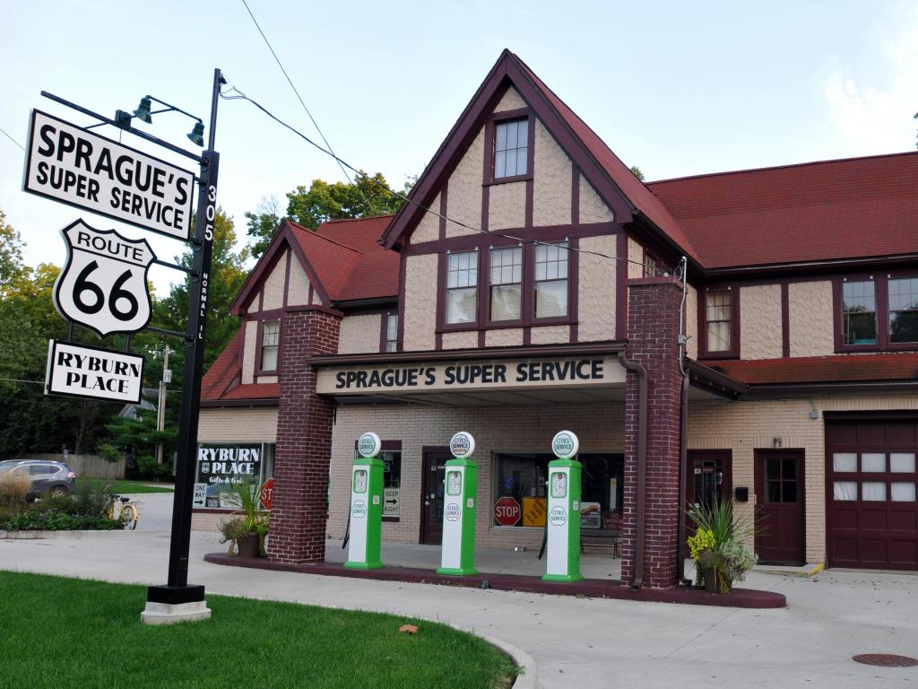 The Tudor Revival-style building of Sprague's Super Service, a former gas station, restaurant and garage
