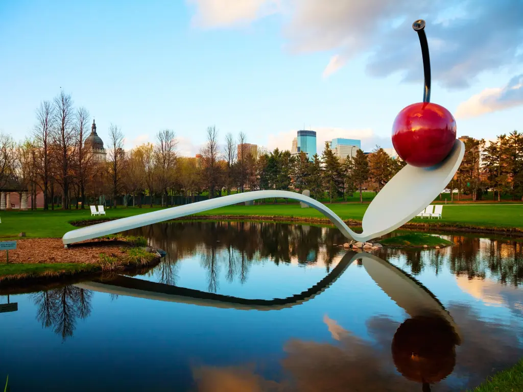The Spoonbridge and Cherry sculpture, viewed on a cloudy day