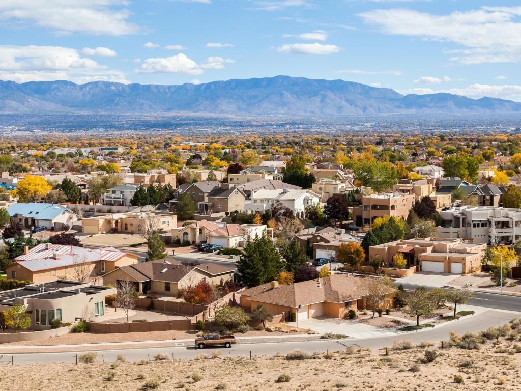 Albuquerque, New Mexico, USA with a view of the residential suburbs on a sunny day.